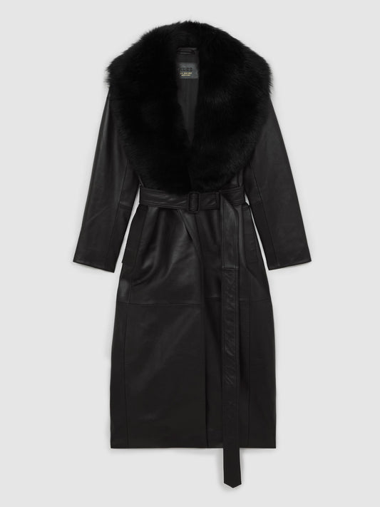 Leather Trench Coat With Shearling Collar in Black