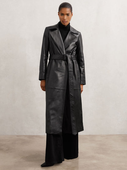 Leather Trench Coat With Shearling Collar in Black