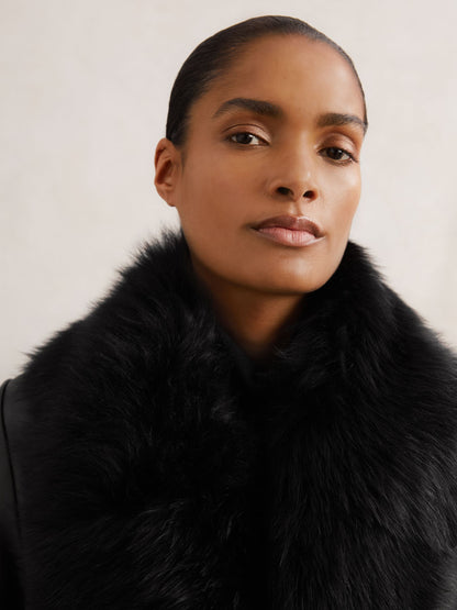 Leather Trench Coat With Shearling Collar in Black