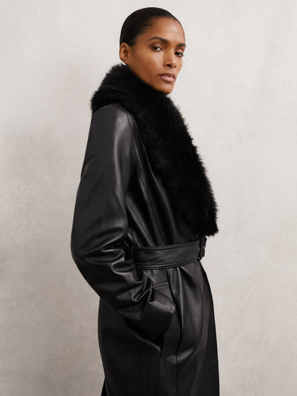 Leather Trench Coat With Shearling Collar in Black