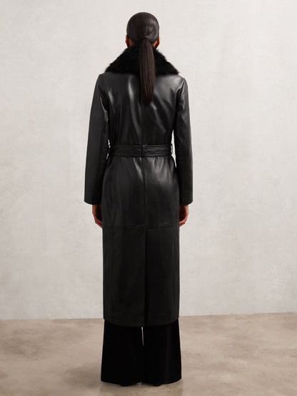 Leather Trench Coat With Shearling Collar in Black