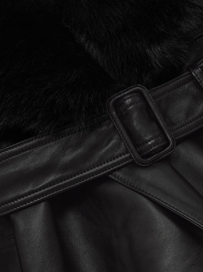 Leather Trench Coat With Shearling Collar in Black
