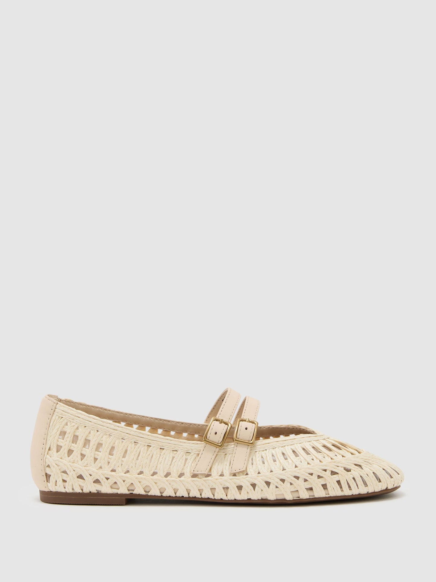Woven Ballerina-Strap Flats in Off White