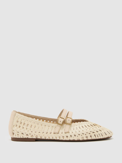 Woven Ballerina-Strap Flats in Off White