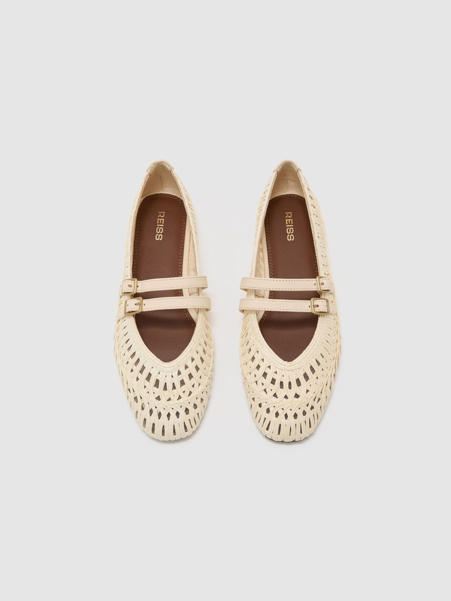 Woven Ballerina-Strap Flats in Off White
