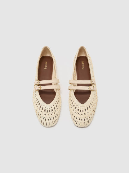 Woven Ballerina-Strap Flats in Off White
