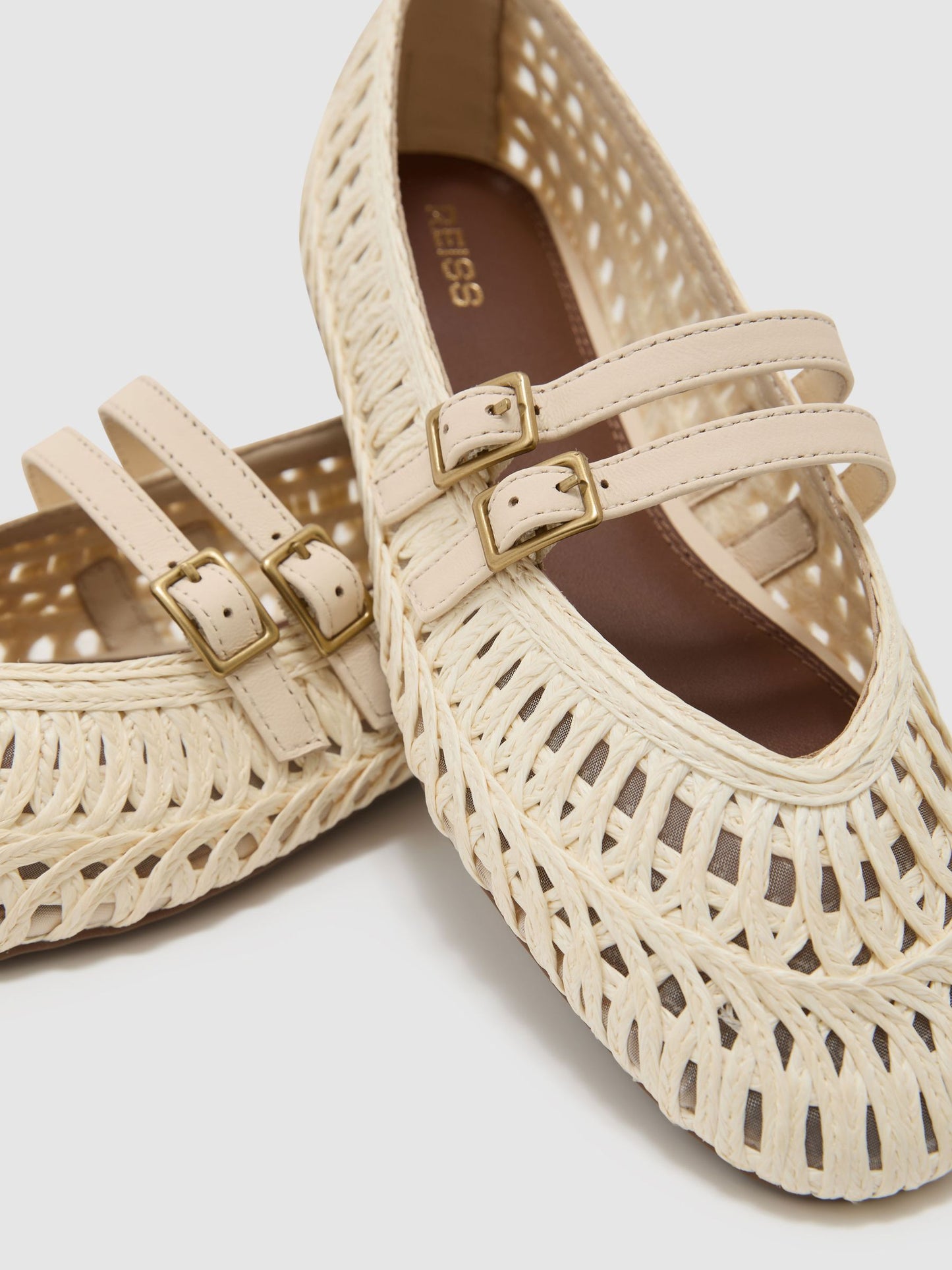 Woven Ballerina-Strap Flats in Off White