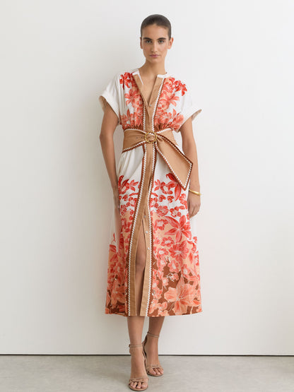Cotton Floral Belted Midi Dress with Stretch in Pink/Ivory