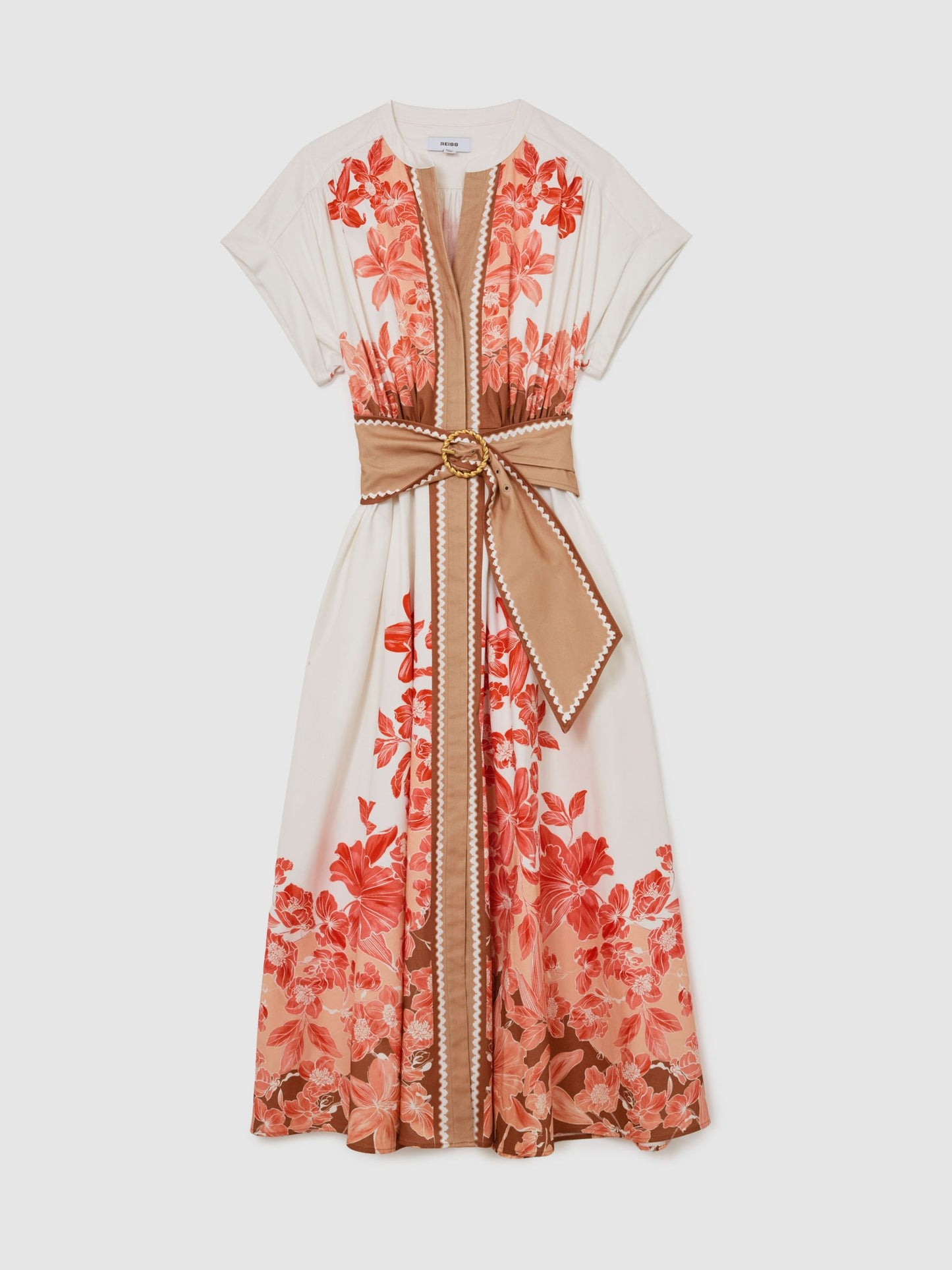 Cotton Floral Belted Midi Dress with Stretch in Pink/Ivory