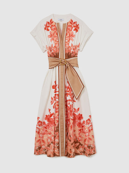 Cotton Floral Belted Midi Dress with Stretch in Pink/Ivory