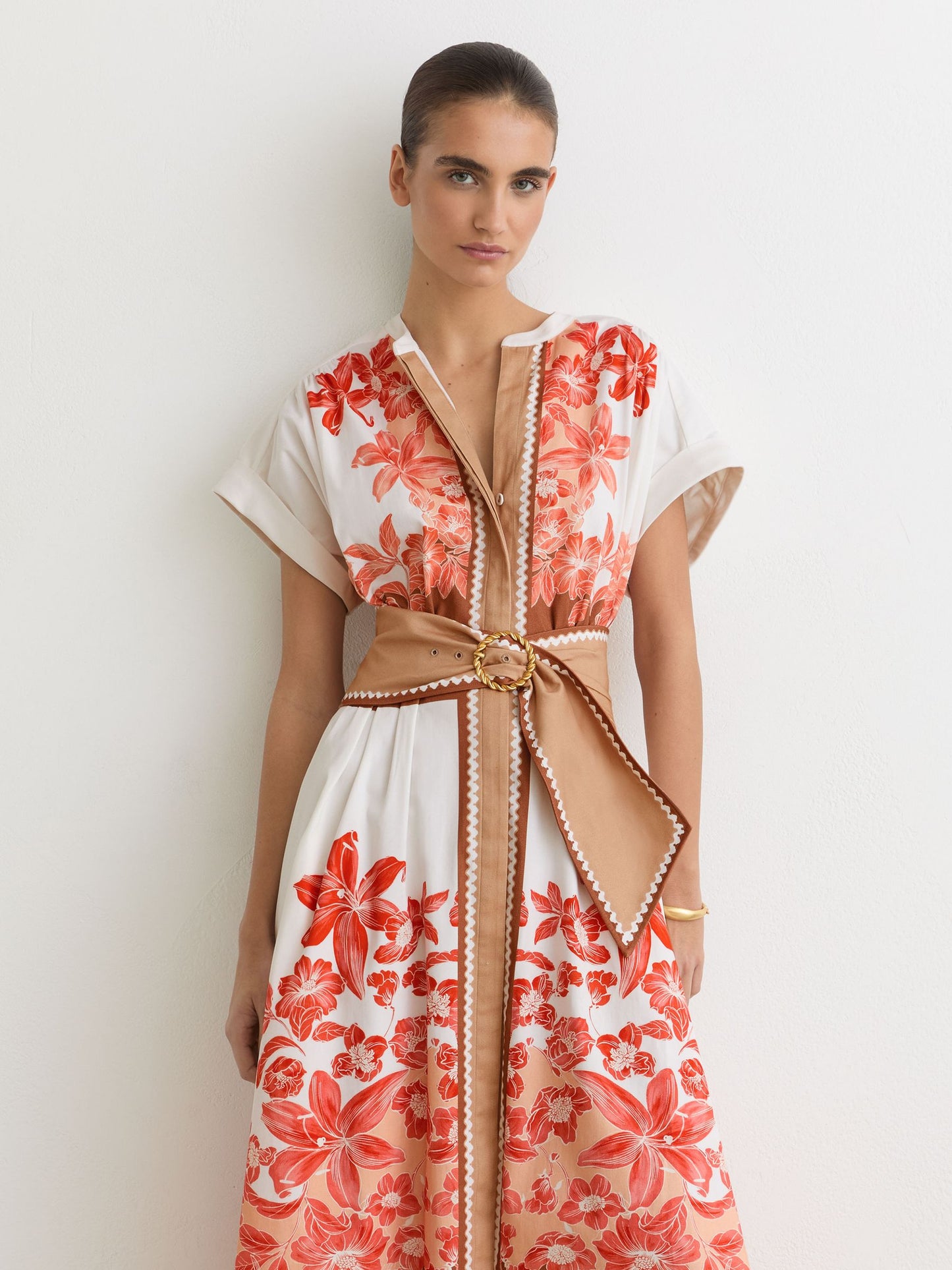 Cotton Floral Belted Midi Dress with Stretch in Pink/Ivory