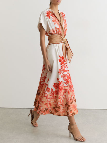Cotton Floral Belted Midi Dress with Stretch in Pink/Ivory