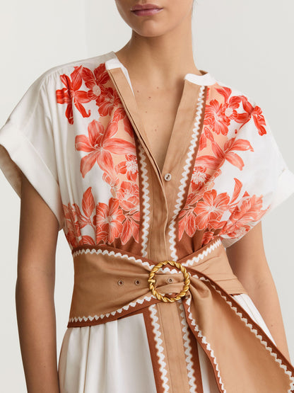 Cotton Floral Belted Midi Dress with Stretch in Pink/Ivory