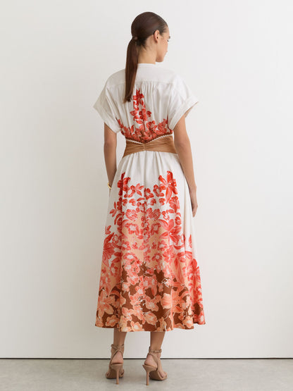Cotton Floral Belted Midi Dress with Stretch in Pink/Ivory