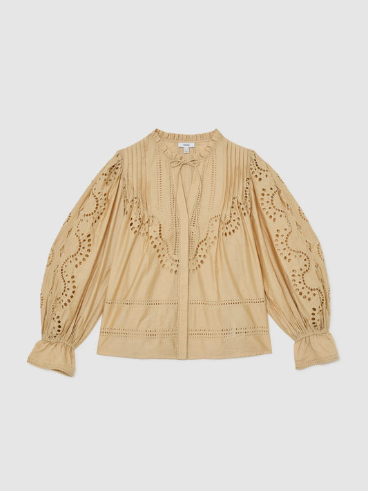 Broderie Anglaise Tie-Neck Blouse in Neutral