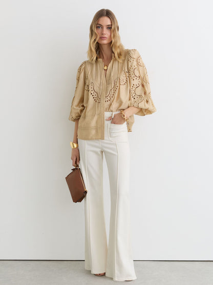 Broderie Anglaise Tie-Neck Blouse in Neutral
