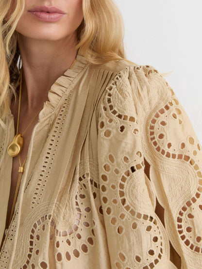 Broderie Anglaise Tie-Neck Blouse in Neutral