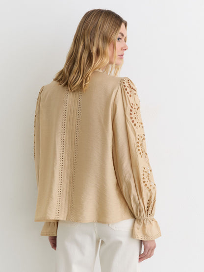Broderie Anglaise Tie-Neck Blouse in Neutral