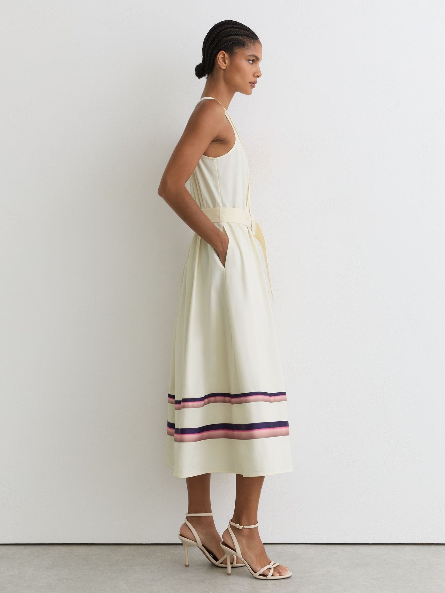 Stretch-Cotton Stripe-Detail Midi Dress in Cream
