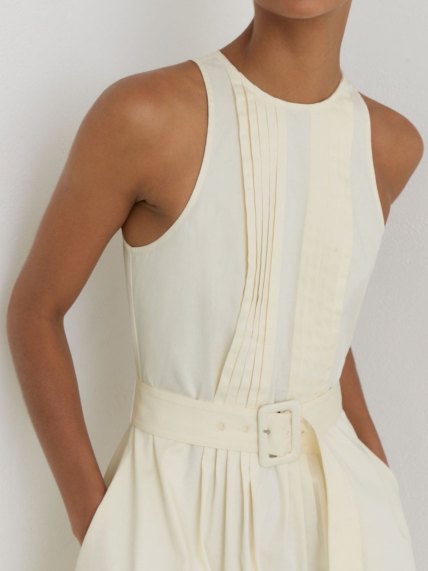 Stretch-Cotton Stripe-Detail Midi Dress in Cream