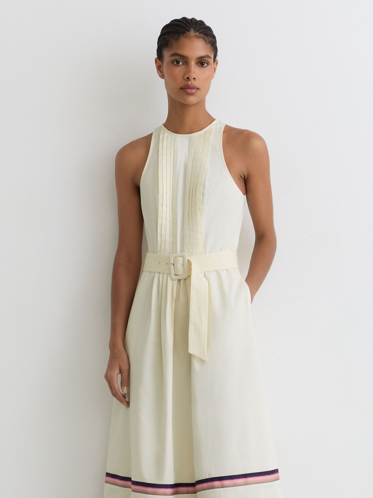 Stretch-Cotton Stripe-Detail Midi Dress in Cream