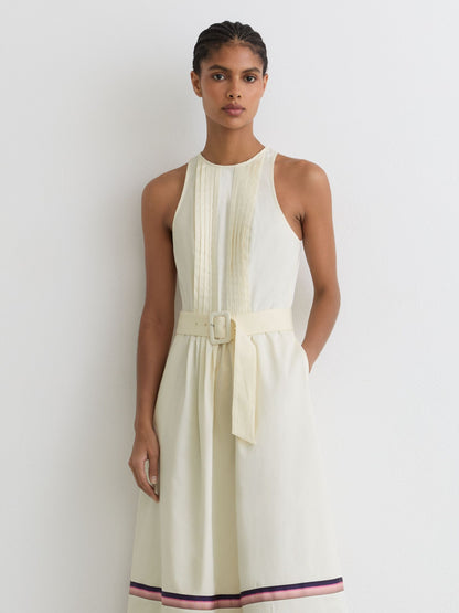 Stretch-Cotton Stripe-Detail Midi Dress in Cream