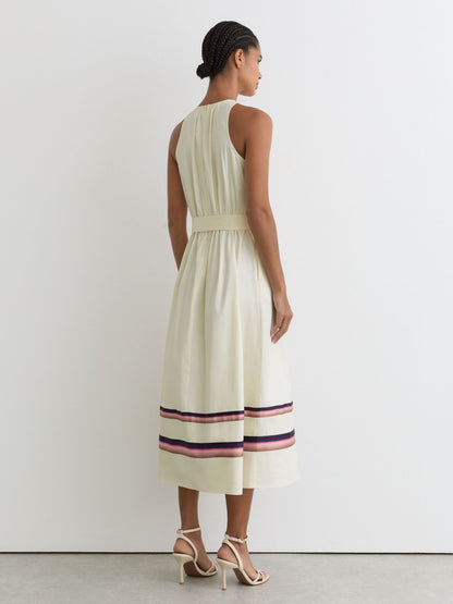 Stretch-Cotton Stripe-Detail Midi Dress in Cream