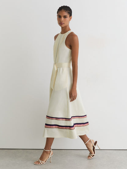 Stretch-Cotton Stripe-Detail Midi Dress in Cream