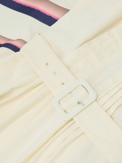 Stretch-Cotton Stripe-Detail Midi Dress in Cream