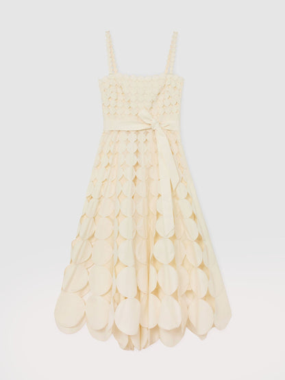 Cotton Cut-Out Belted Midi Dress in Cream