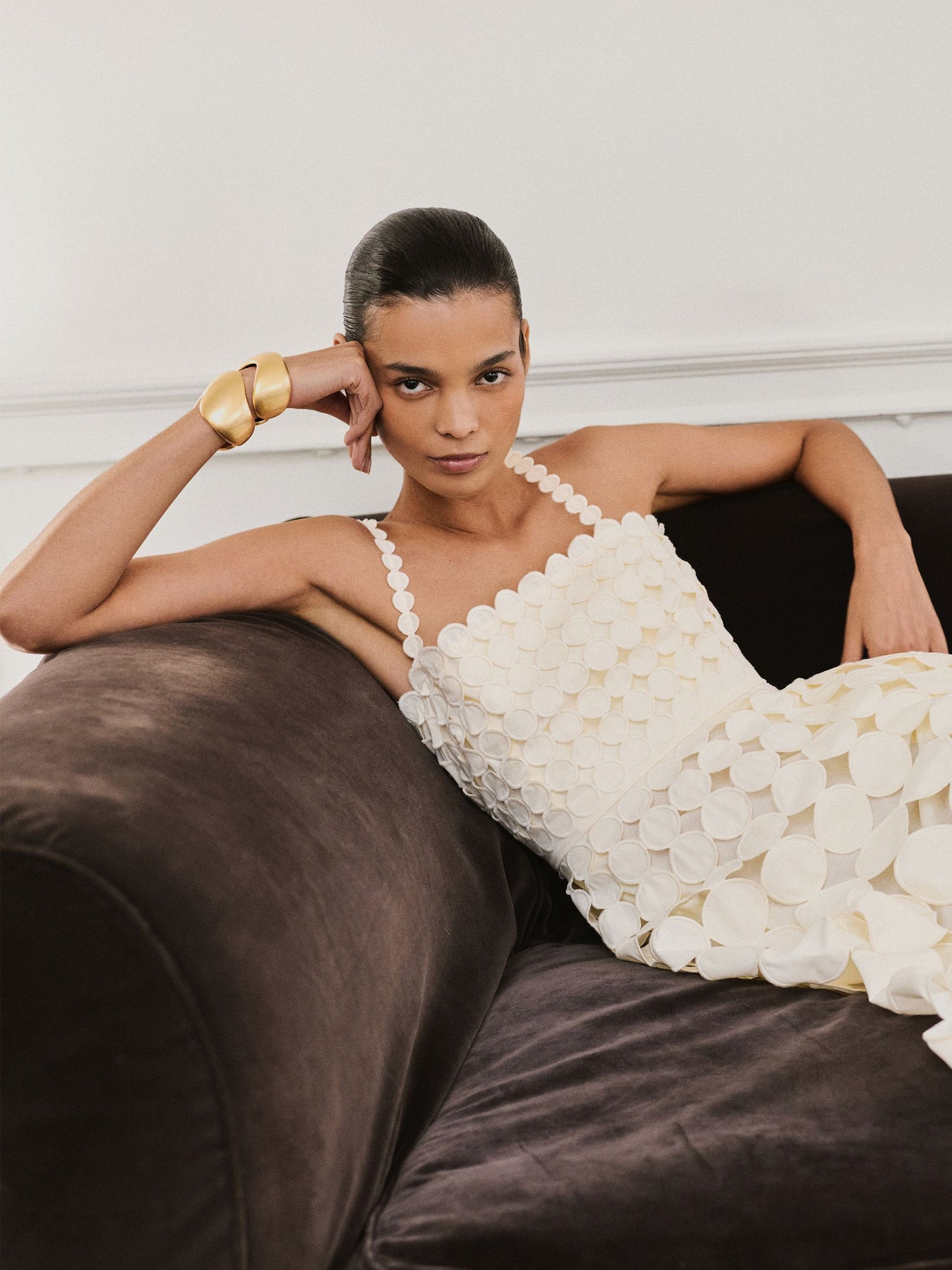 Cotton Cut-Out Belted Midi Dress in Cream
