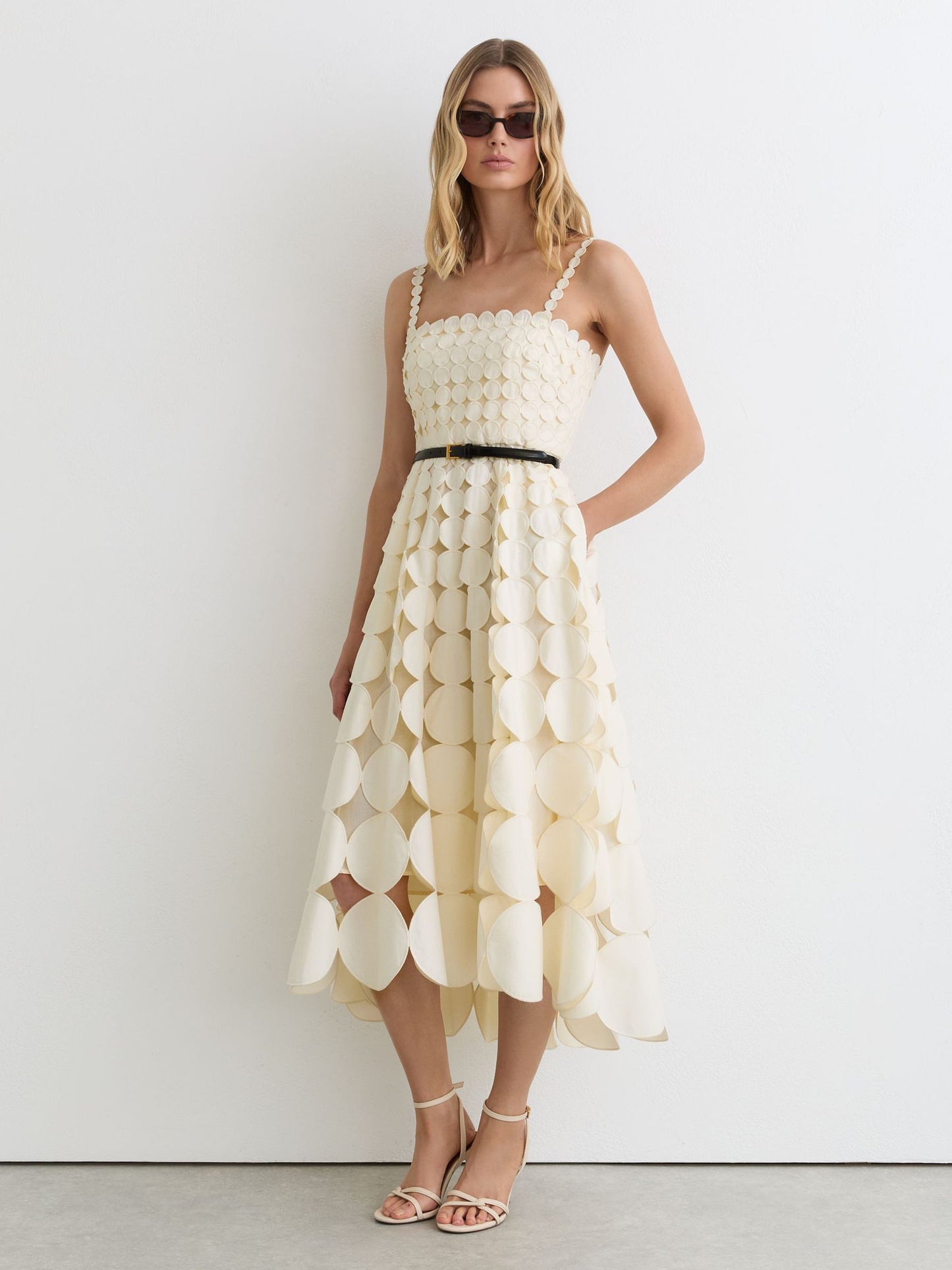 Cotton Cut-Out Belted Midi Dress in Cream