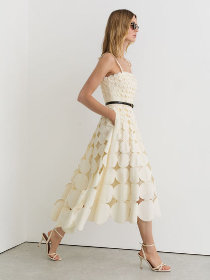 Cotton Cut-Out Belted Midi Dress in Cream