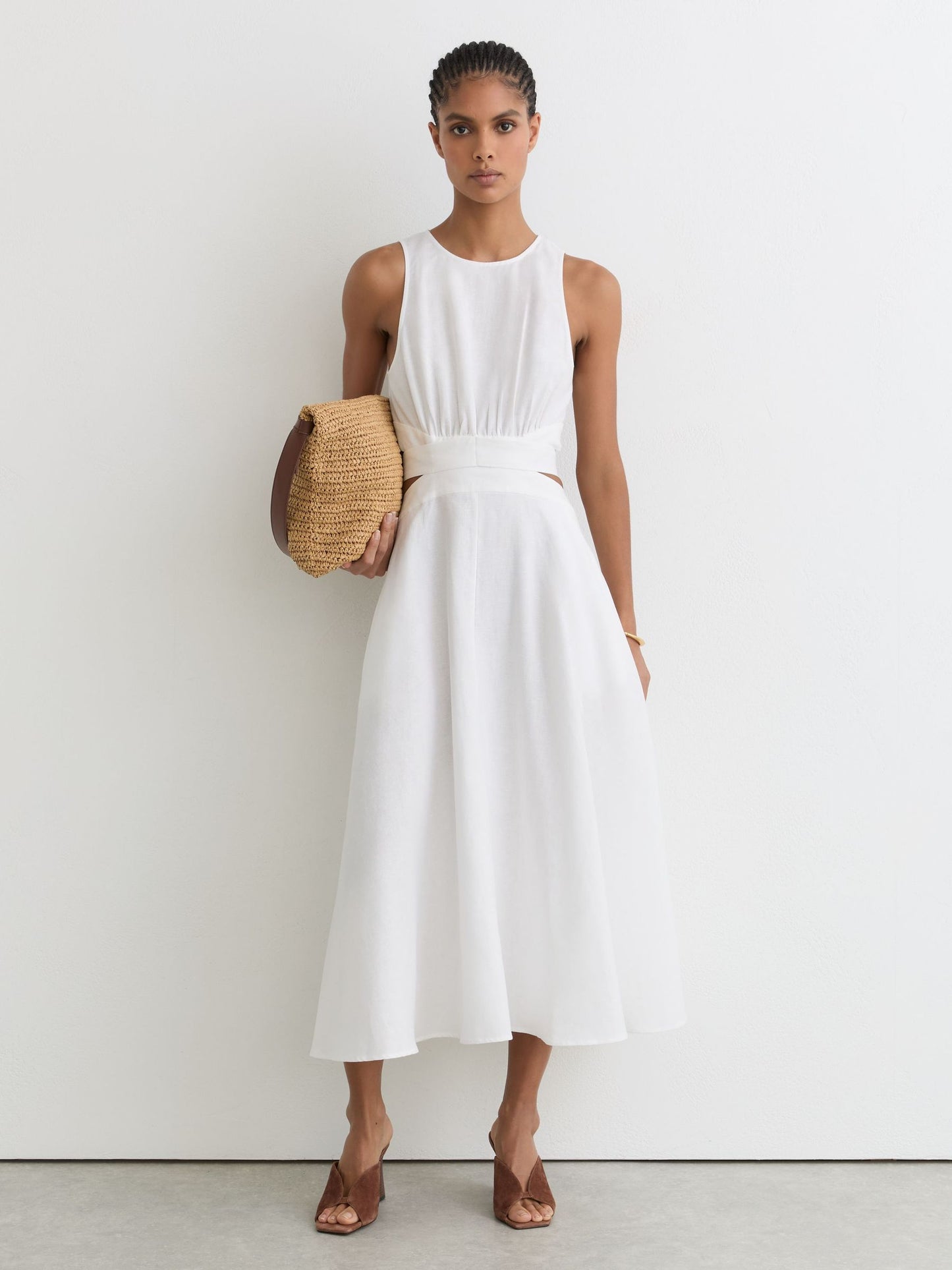 Linen-Cotton Cut-Out Midi Dress in Ivory