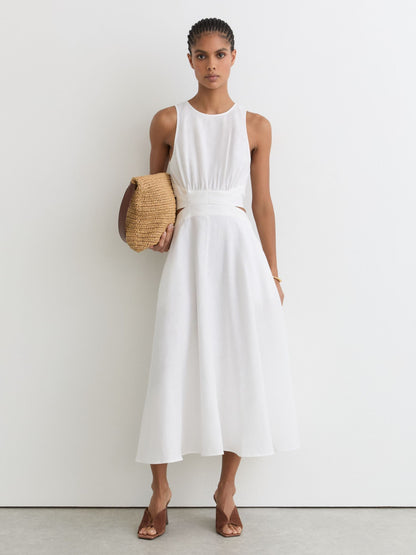 Linen-Cotton Cut-Out Midi Dress in Ivory