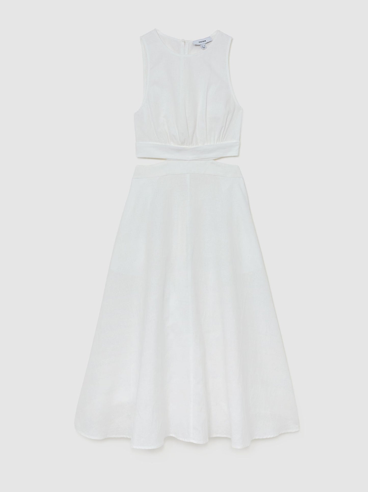 Linen-Cotton Cut-Out Midi Dress in Ivory