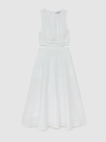 Linen-Cotton Cut-Out Midi Dress in Ivory