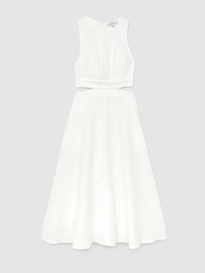 Linen-Cotton Cut-Out Midi Dress in Ivory