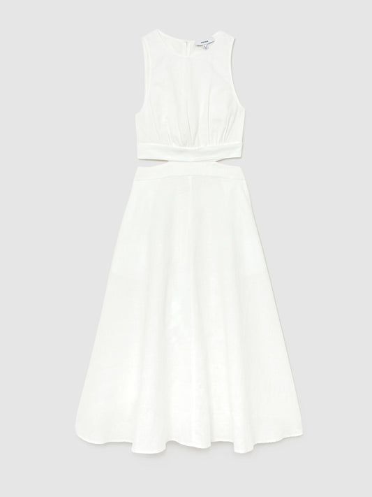 Linen-Cotton Cut-Out Midi Dress in Ivory