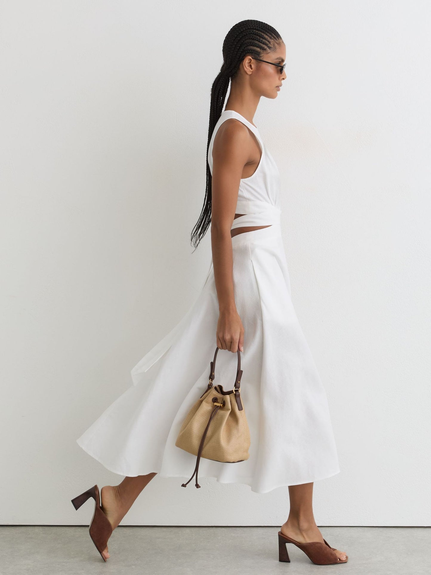Linen-Cotton Cut-Out Midi Dress in Ivory