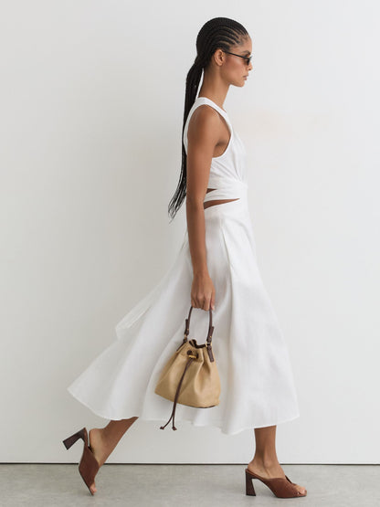 Linen-Cotton Cut-Out Midi Dress in Ivory