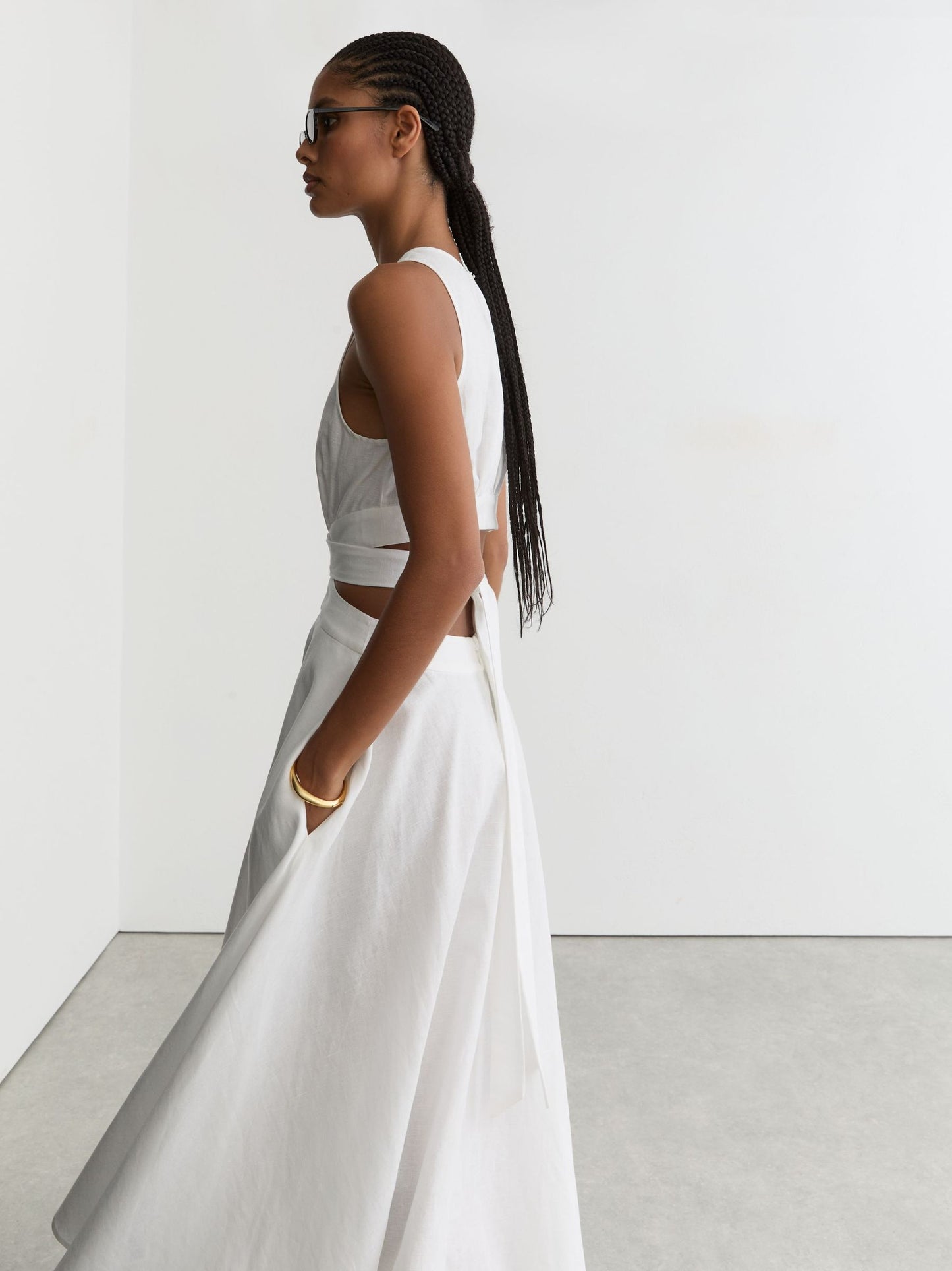 Linen-Cotton Cut-Out Midi Dress in Ivory