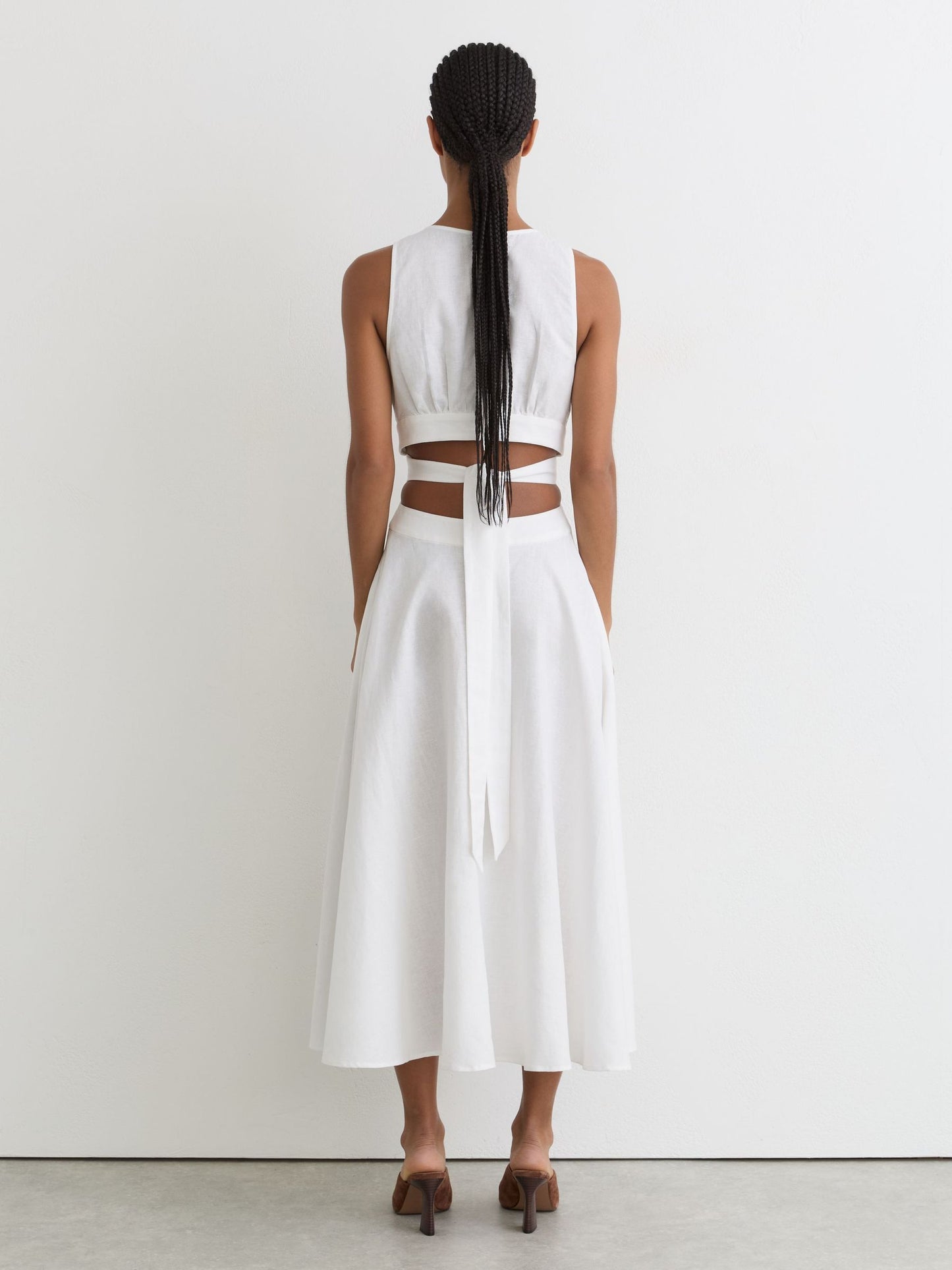Linen-Cotton Cut-Out Midi Dress in Ivory