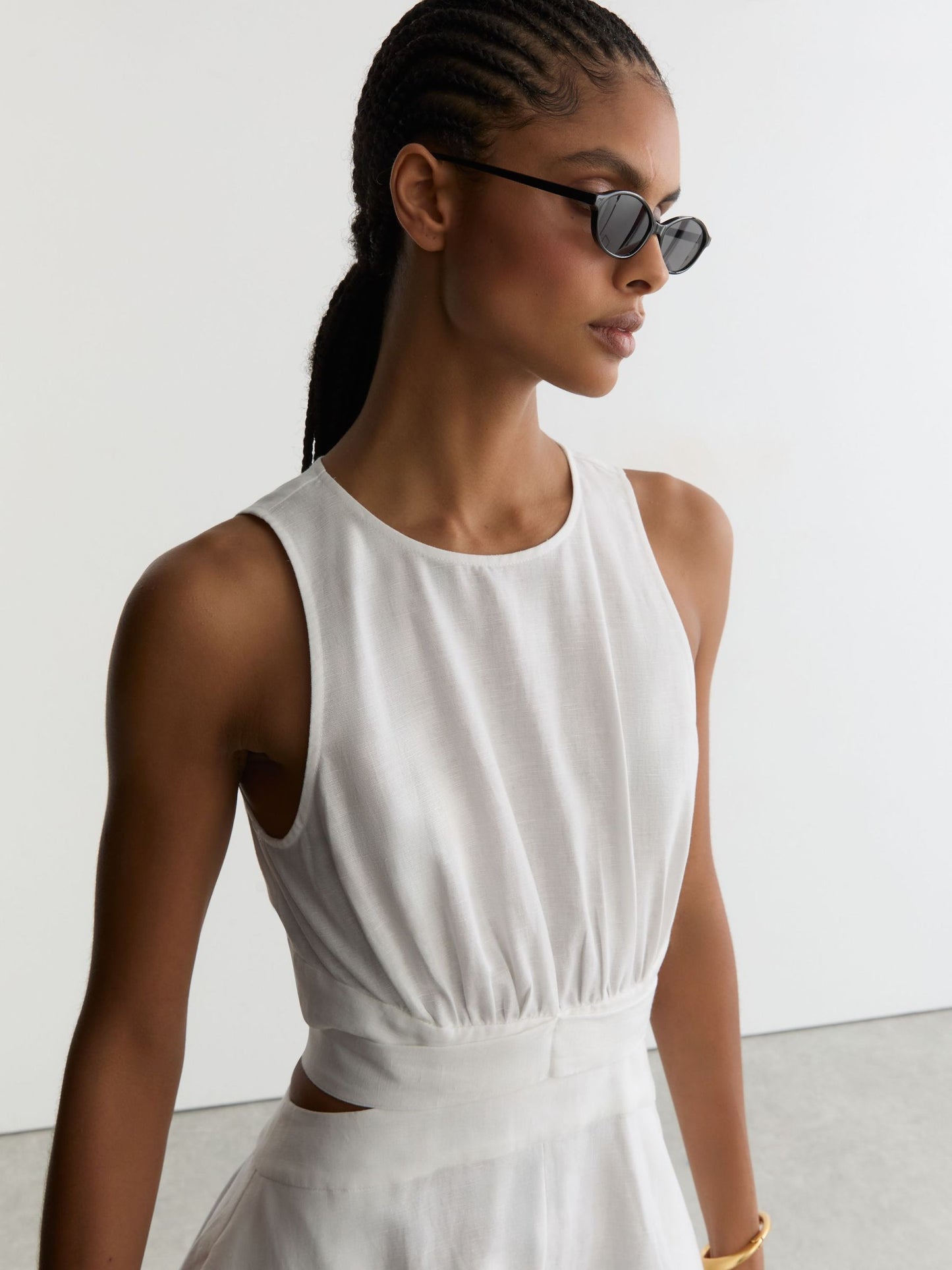 Linen-Cotton Cut-Out Midi Dress in Ivory