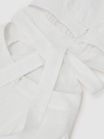 Linen-Cotton Cut-Out Midi Dress in Ivory