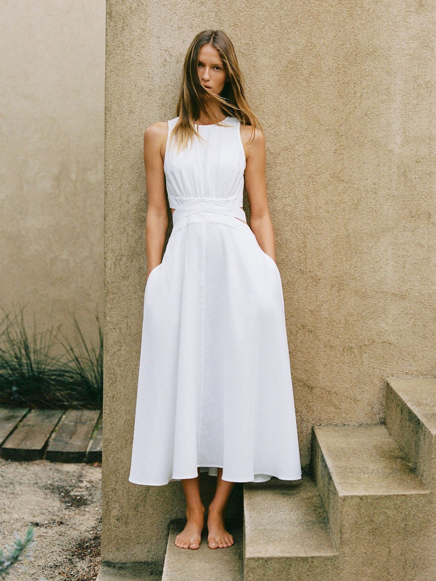 Linen-Cotton Cut-Out Midi Dress in Ivory