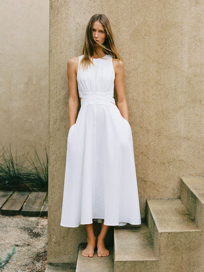 Linen-Cotton Cut-Out Midi Dress in Ivory