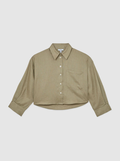 Linen Oversize Cropped Shirt in Green