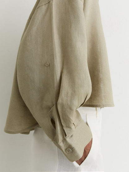 Linen Oversize Cropped Shirt in Green