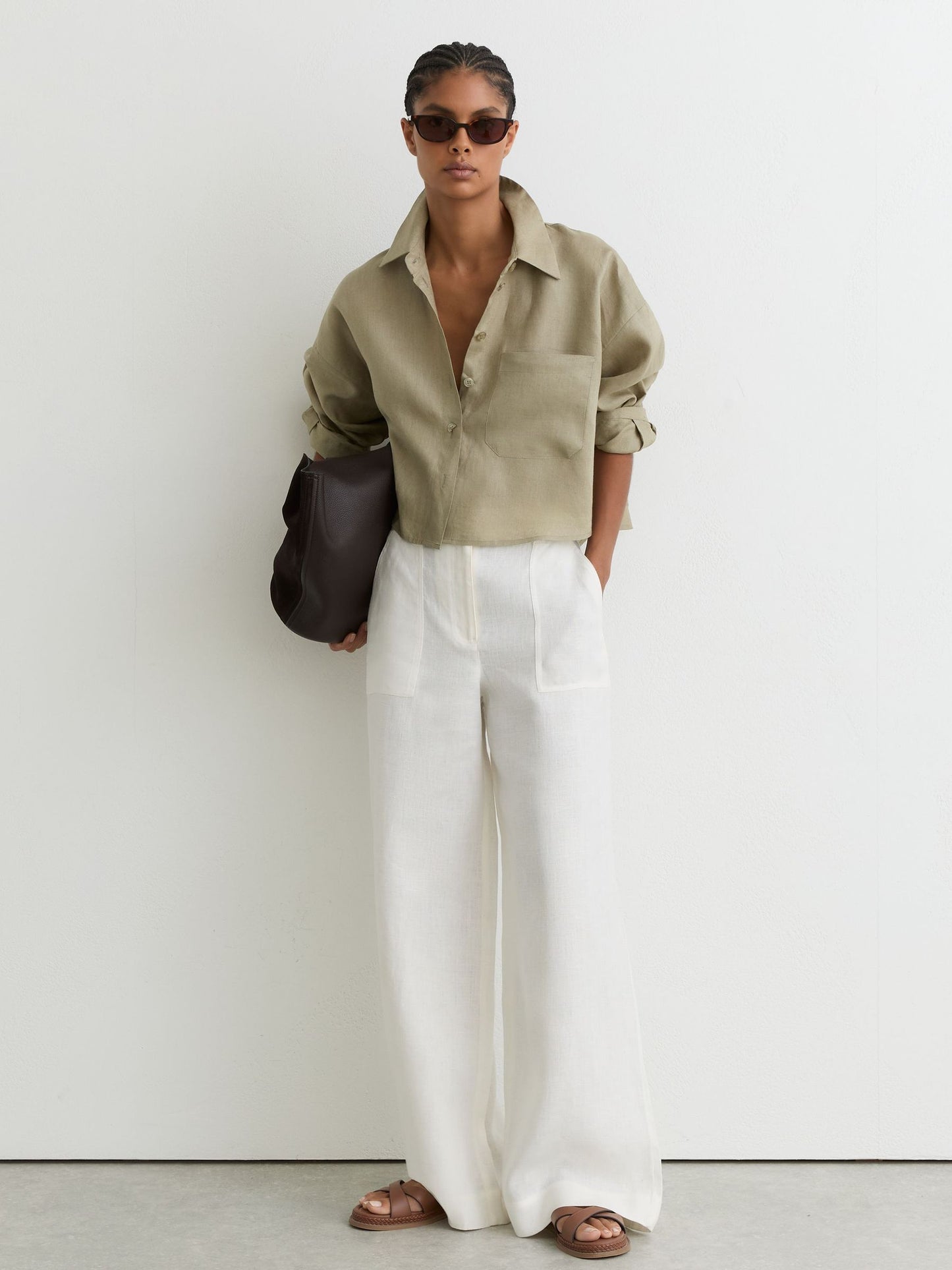 Linen Oversize Cropped Shirt in Green